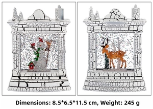 Detail view showing two Christmas fireplace snow globes with snowman and deer motifs