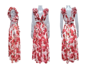 Detailed front and back view of red floral maxi dress with deep V-neck and cut-out waist