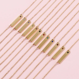 Minimalist gold bar necklaces with engraved heart and assorted monthly birthstones