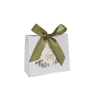 Elegant white gift box with green satin bow and golden 'Thank you' eucalyptus wreath print