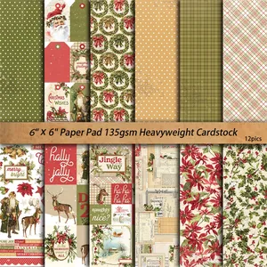 12 sheets of 6x6 inch 135gsm vintage Christmas scrapbook paper with festive patterns