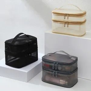 Three-color double-layer mesh cosmetic bags with top handles and zippers in tiered display