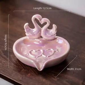 Ceramic heart jewelry dish with twin swans and pearl glaze finish, 12.5x11x9.5 cm