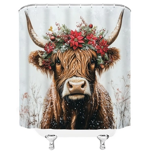 Detail of Christmas Highland Cow shower curtain with festive poinsettia floral patterns