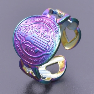 Rainbow Saint Benedict Medal Ring with hollow heart patterns and adjustable open band