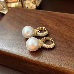 Elegant Artificial Pearl Hoop Earrings Zircon Pave Gold Plated Copper Jewelry With Silver Earring Post For Women French Retro Style