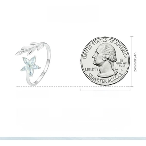 Detailed S925 silver flower ring size comparison with a 24mm coin and dimensions