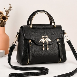 Women Fashion Color Block Handbag PU Leather Litchi Texture Crossbody Bag With Rhinestone Swan Decor Shoulder Bag