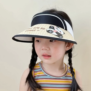 Kids summer straw sun visor with cute panda print and wide brim for outdoor sun protection