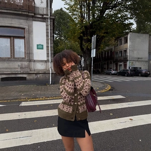 Vintage olive and pink jacquard knit cardigan with geometric pattern for women