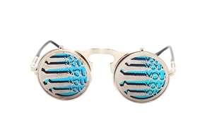 Detail of steampunk flip-up sunglasses featuring silver metal frames and blue inner lenses