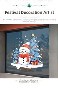 Detail of cartoon snowman and blue Christmas tree static stickers on a glass window