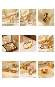 Collage showcasing 18K gold plated stainless steel jewelry collection including snake chains