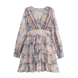 Robe Courte Imprimé Fleuri Col En V Manches Longues À Volants Superposés Style Français Élégant Polyester Femme