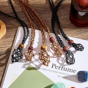 Stone Holder Necklace Handmade Woven Rope Net Pocket Adjustable Cord With Wood Bead For Crystal Raw Stone Boho Style