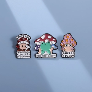 Three-piece cartoon mushroom frog enamel pins set with humorous text and alloy finish