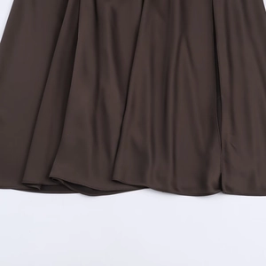 Elegant dark brown satin midi dress with premium embroidery detail and silky texture