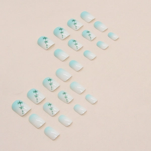 Short square gradient green press-on nails with natural bamboo leaf patterns