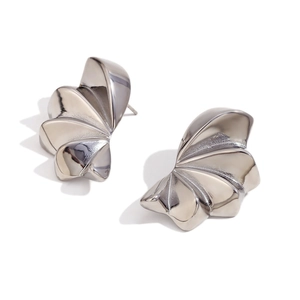 Abstract silver geometric petal stud earrings in polished stainless steel for women