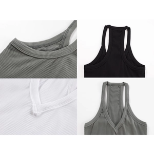 Detail of ribbed knit texture and stitching on V-neck and racerback tank tops in grey and black