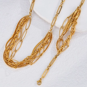 Chic multi-layered gold stainless steel necklace set with various chain textures