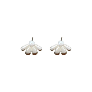 Elegant silver flower stud earrings with central white pearl on a clean white background