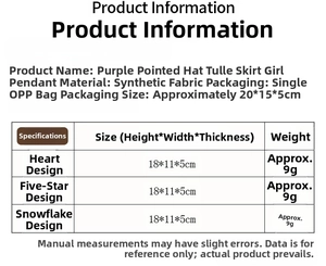 Detail chart of purple angel ornaments showing size specs and high-quality fabric texture