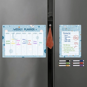 Magnetic weekly planner and to-do list set with 6 colorful markers on fridge door