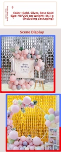 Detailed specs of foil fringe curtain for party backgrounds in gold and silver colors