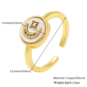 Detail of adjustable 18K gold plated copper ring with moon star zircon inlay and size dimensions