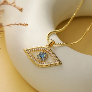 Gold plated 18K evil eye pendant necklace with blue zircon and ball chain detail