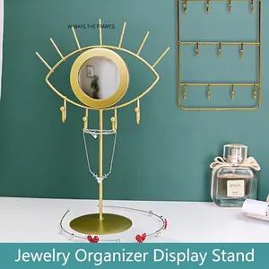 Metal Jewelry Organizer Display Rack Eye Cat Shape With Mirror Desktop Wall Hanging Necklace Earring Storage Stand