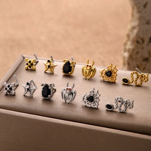 Stainless Steel L Shaped Nose Studs Zircon Heart Spider Web Snake Bat Gothic Piercing Jewelry For Women