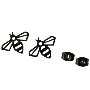 Minimalist black stainless steel hollow bee stud earrings with matching butterfly backs