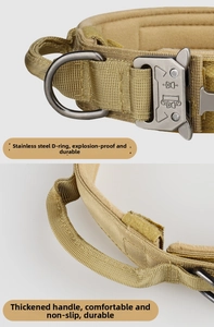 Detail of khaki tactical dog collar with heavy-duty metal buckle and stainless D-ring