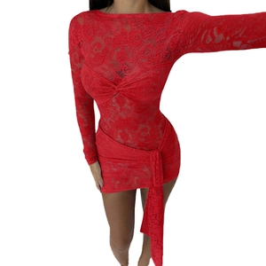 Sexy red lace long sleeve mini dress with a slim fit and waist tie detail