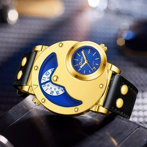 Close-up of Oulm gold dual-time watch with blue dials and black studded leather strap