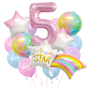 Rainbow meteor balloon set for 5th birthday party with pink number five and stars