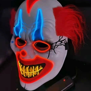LED light-up scary clown mask with red long hair for Halloween festival costume