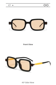 Front and 45-degree angle views of retro square sunglasses with amber lenses and black frames