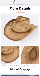 Detail view of brown straw cowboy hat featuring 9cm wide brim and breathable mesh weave