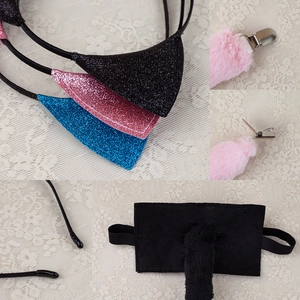 Serre-tête oreilles de chat et queue en peluche pour cosplay Halloween en rose et bleu