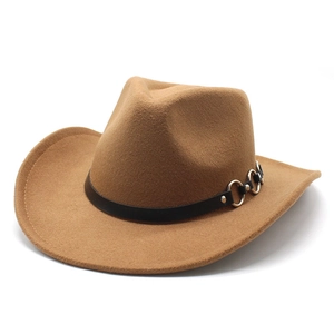 Detail of camel wool felt western cowboy hat with black decorative silver ring band