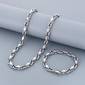 Detailed view of silver stainless steel geometric link chain necklace and bracelet set