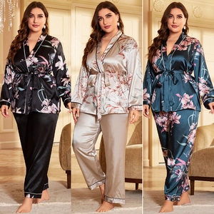 Plus Size Women Floral Print Satin Pajamas Long Sleeve Tie Waist Robe Top And Full Length Pants Loungewear Soft Imitation Satin