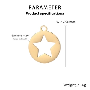 Macro view of 17x15mm stainless steel round charm with hollow star detail and gold finish