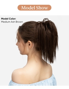 Detailed model show of medium ash brown ponytail hair extension with natural fiber texture