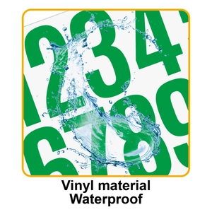 Detailed macro shot of bright green vinyl number stickers with waterproof water splash effect