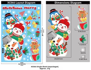 Detailed view of Christmas window stickers with snowman and penguin dimensions in 25x35cm set