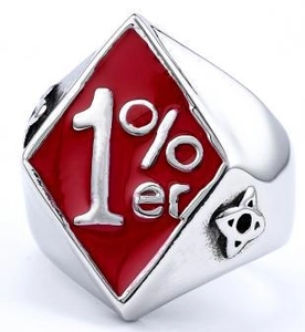 Detailed macro view of silver stainless steel ring with red enamel and 1%er engraving